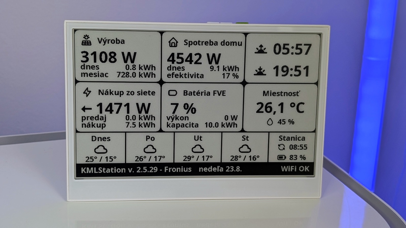 KMLStation čelne — celý displej so živými dátami z fotovoltiky